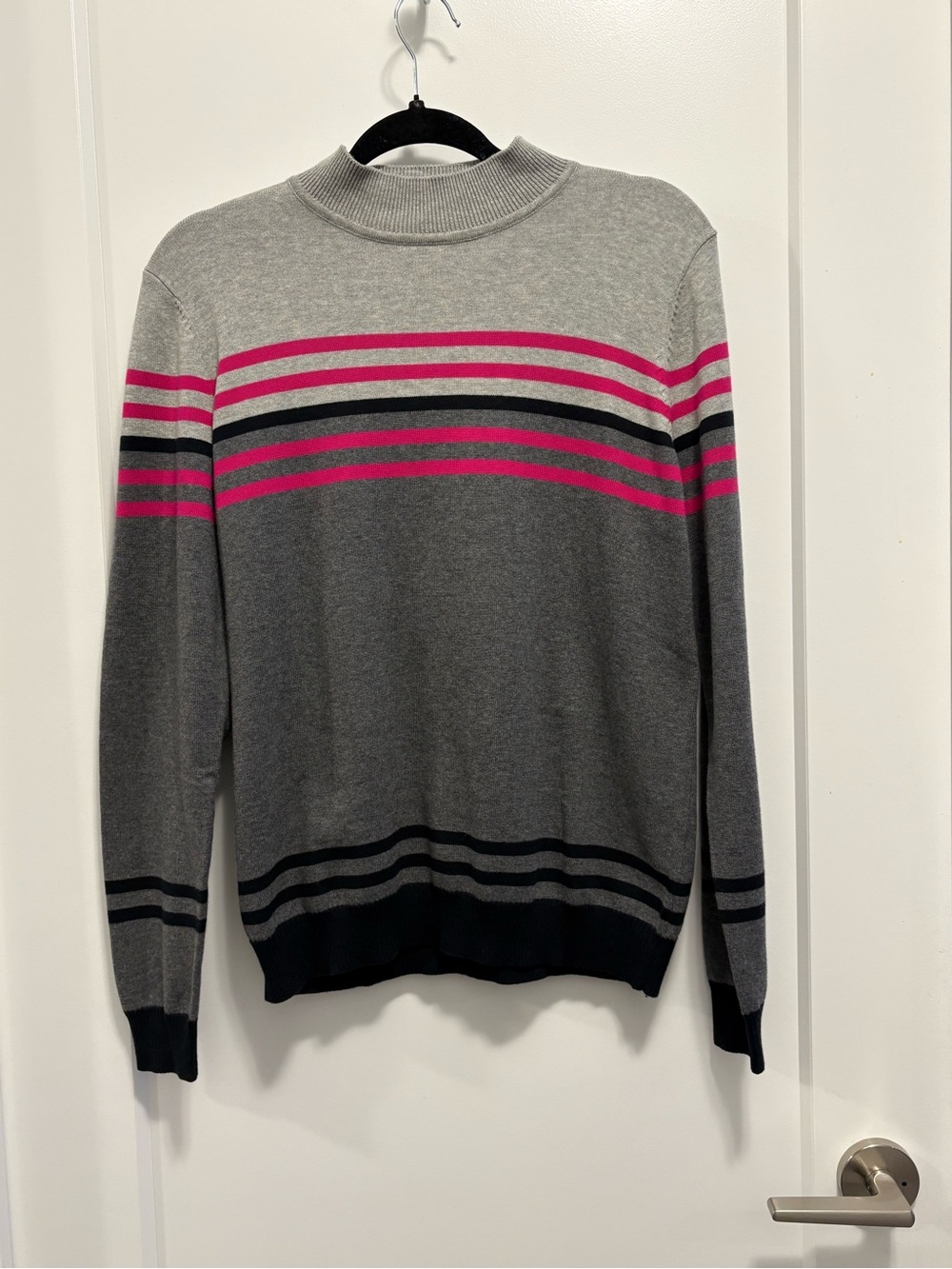 100 % cotton Northern Reflections Gray Crewneck Sweater with Pink Stripe Accents